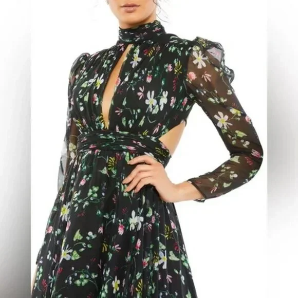 Mac Duggal Black Multi Floral Long Sleeve Lace Up Back Chiffon Gown